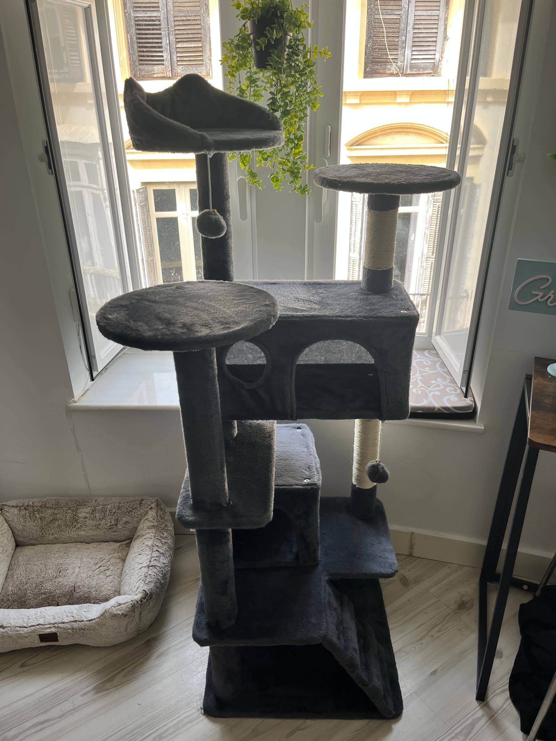 Rascador y mobiliario para gatos hecho a medida junto a una ventana